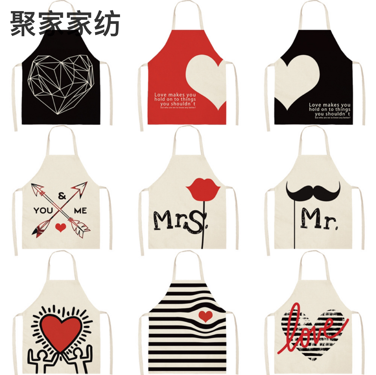 Cross-Border Apron Valentine&#039;s Day English Love Apron Linen Adult Thickened Kitchen Custom Waterproof Oil-Proof Apron