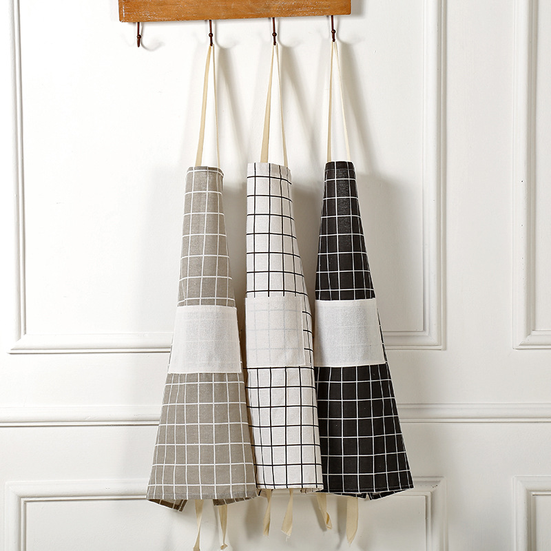 Fanqu New Waterproof and Antifouling Sleeveless Coverall Cotton and Linen Apron Customized Kitchen Plaid Apron Direct Sales