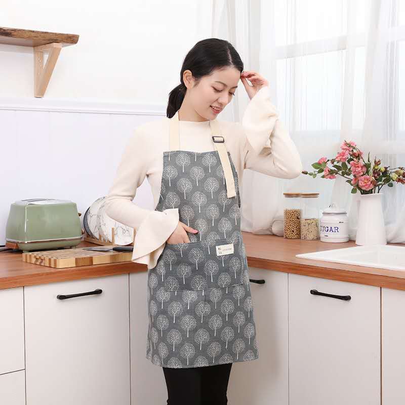 Life blue linen apron to wipe hands adjustable adult men and women at home cooking Korean version of fashion simple big pockets
