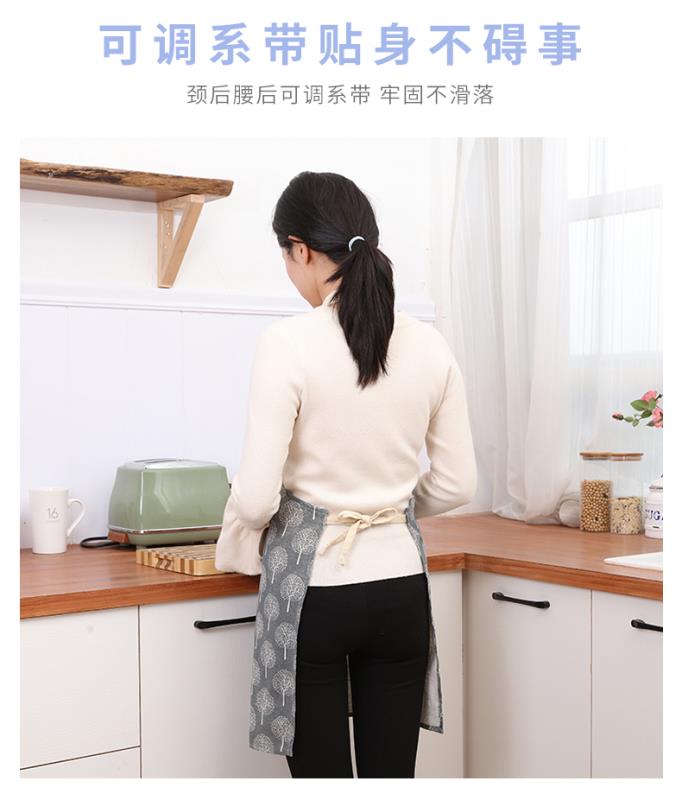 Life blue linen apron to wipe hands adjustable adult men and women at home cooking Korean version of fashion simple big pockets
