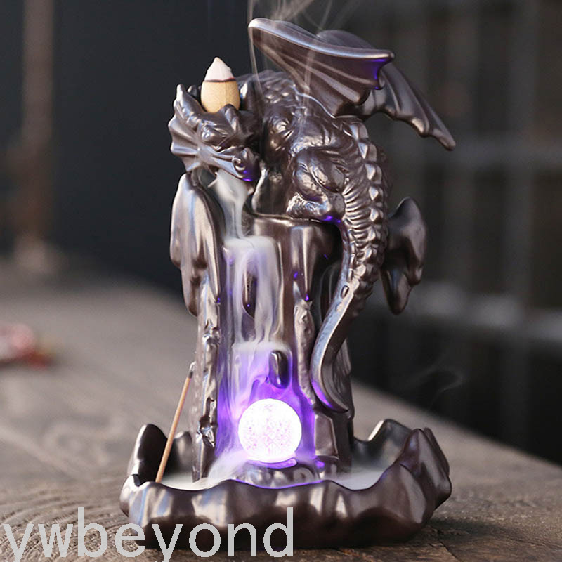 Ywbeyond Home Decor Dragon ball with led Ceramic Censer Waterfall Back flow Incense Burner Cone Incense Holder