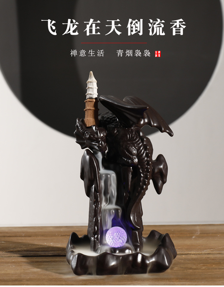 Ywbeyond Home Decor Dragon ball with led Ceramic Censer Waterfall Back flow Incense Burner Cone Incense Holder