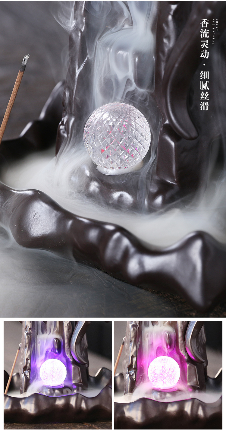 Ywbeyond Home Decor Dragon ball with led Ceramic Censer Waterfall Back flow Incense Burner Cone Incense Holder