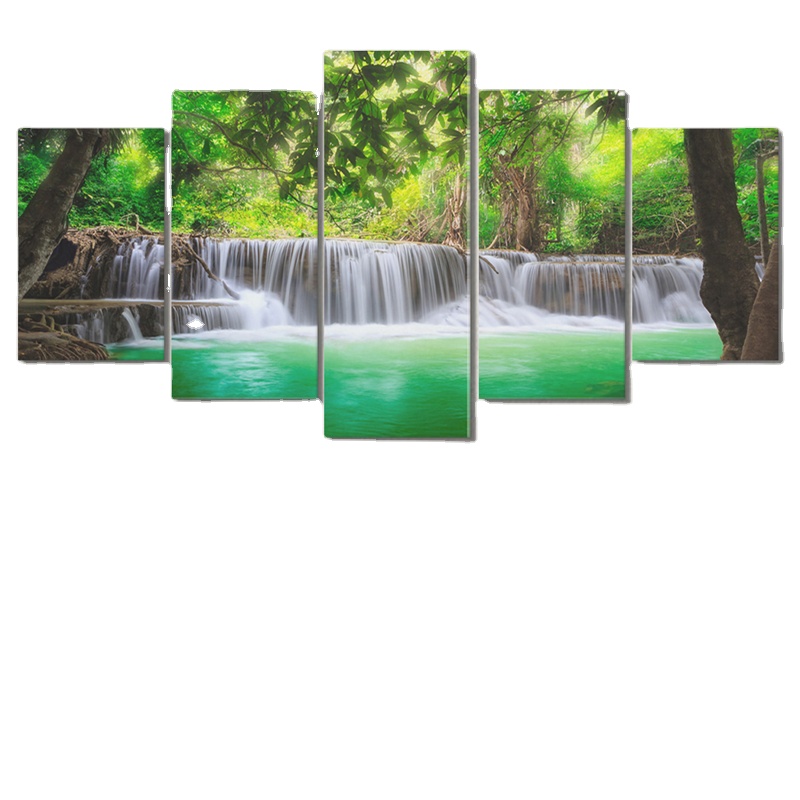 HONGYA 5 Pieces Green Forest Trees Lake Flowing Water Landscape Posters Canvas Painting Wall Art Home Decor