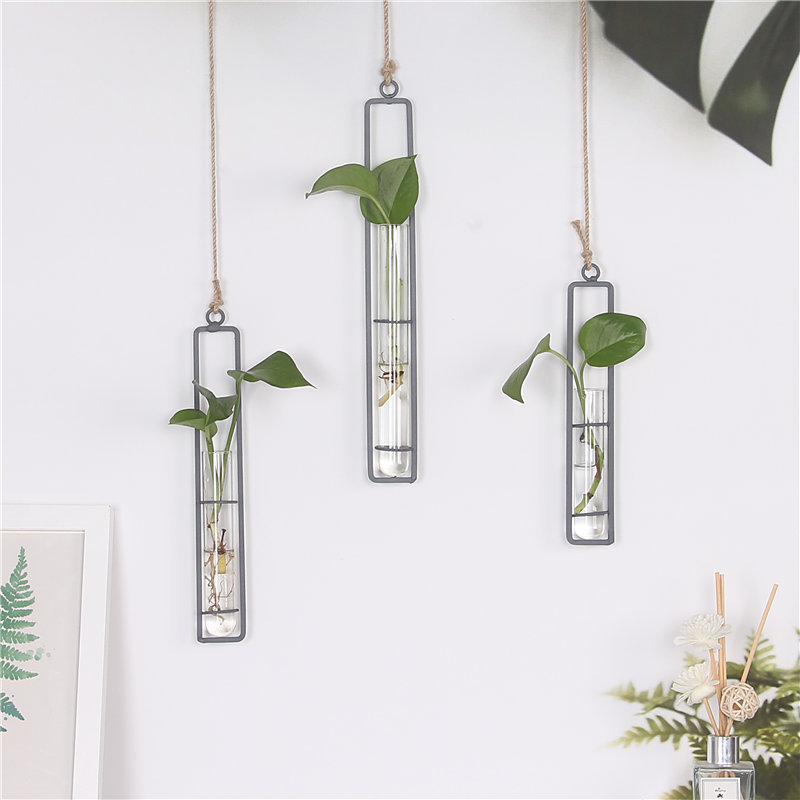 Creative Iron Glass Hydroponic Vase Transparent Hanging Test Tube Flower Arrangement Hanging Bottle Simple home decor  