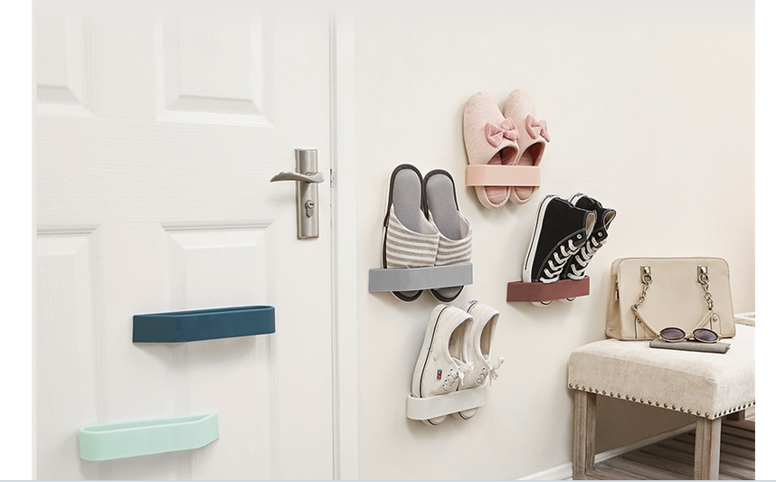 Plastic shoe rack wall - type non - punching multi - function paste bathroom kitchen towel rack rack