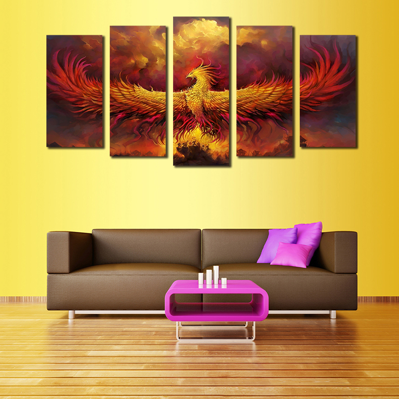 HONGYACanvasAbstractPaintingModularWall Art 5 Pieces Fire Phoenix Bird Pictures Living Room Home Decor HD Printed Poster