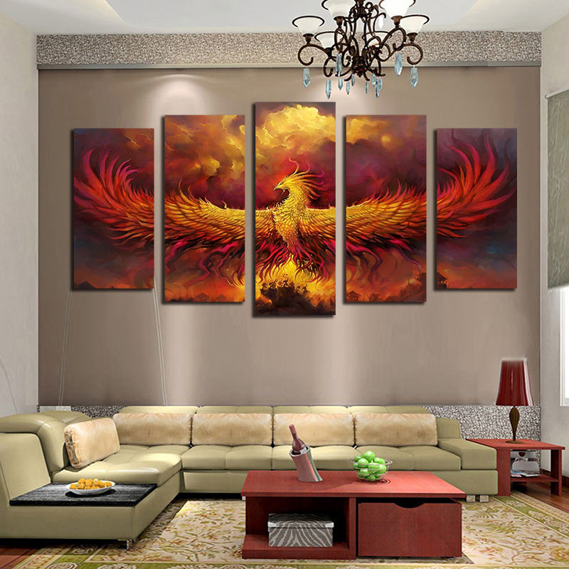 HONGYACanvasAbstractPaintingModularWall Art 5 Pieces Fire Phoenix Bird Pictures Living Room Home Decor HD Printed Poster