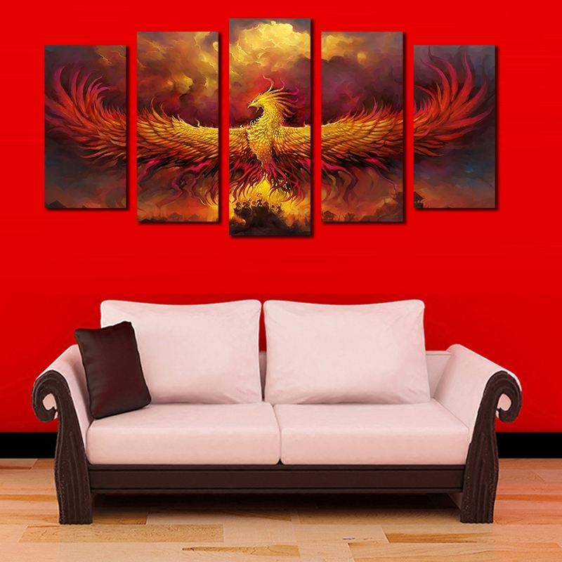 HONGYACanvasAbstractPaintingModularWall Art 5 Pieces Fire Phoenix Bird Pictures Living Room Home Decor HD Printed Poster