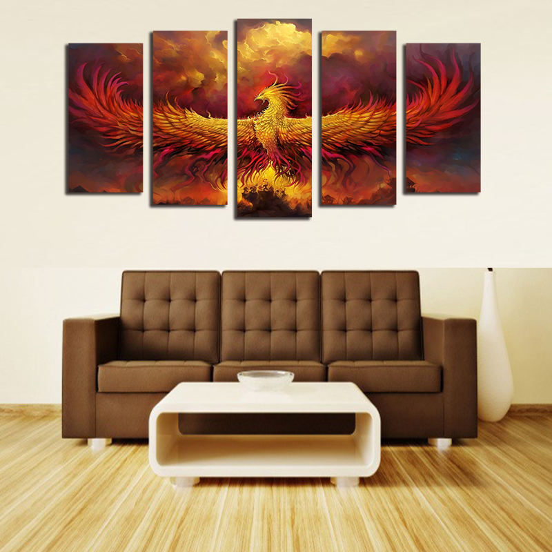 HONGYACanvasAbstractPaintingModularWall Art 5 Pieces Fire Phoenix Bird Pictures Living Room Home Decor HD Printed Poster