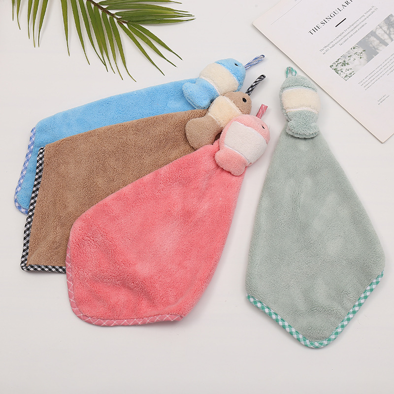 Hand Towel Absorbent Cloth Hanging Thickening Towel Cute Kitchen Hand Towel Bathroom Double-Sided Coral Fleece Handkerchief Cartoon