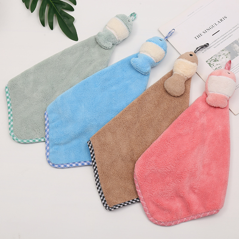 Hand Towel Absorbent Cloth Hanging Thickening Towel Cute Kitchen Hand Towel Bathroom Double-Sided Coral Fleece Handkerchief Cartoon
