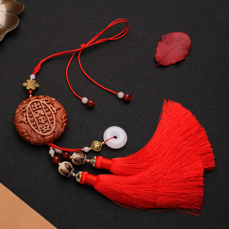 New Peach Wood Carving Car Interior Pendant Safe Trip Car Accessories Car Decoration Crafts Rearview Mirror Tassel Car Pendant