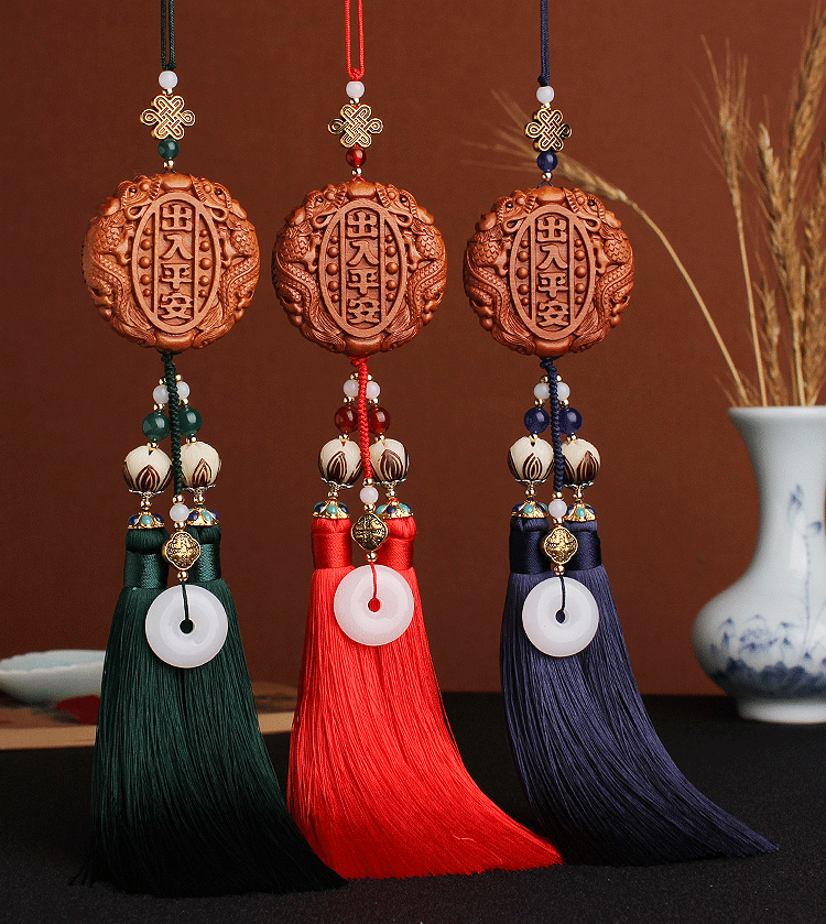 New Peach Wood Carving Car Interior Pendant Safe Trip Car Accessories Car Decoration Crafts Rearview Mirror Tassel Car Pendant