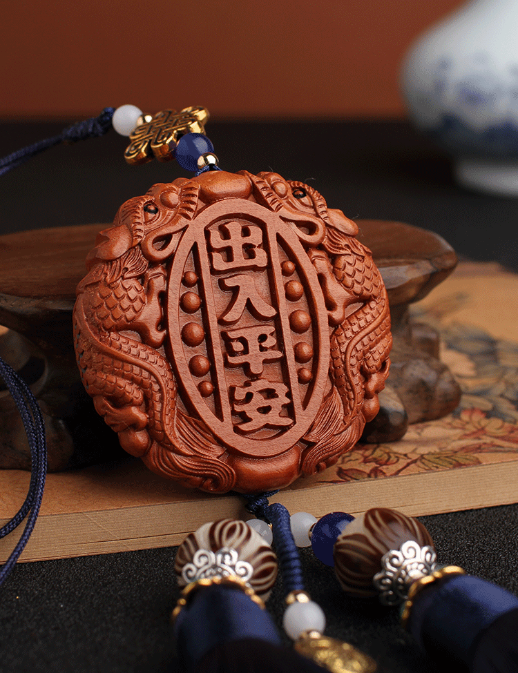 New Peach Wood Carving Car Interior Pendant Safe Trip Car Accessories Car Decoration Crafts Rearview Mirror Tassel Car Pendant