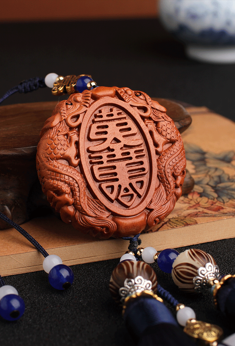 New Peach Wood Carving Car Interior Pendant Safe Trip Car Accessories Car Decoration Crafts Rearview Mirror Tassel Car Pendant