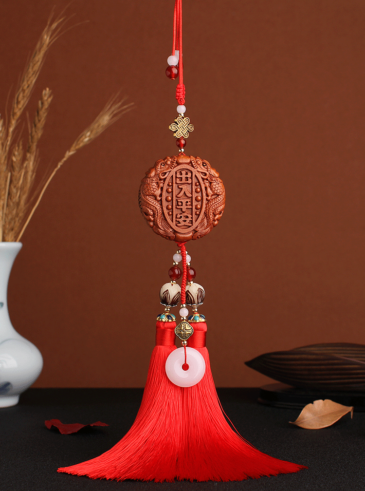 New Peach Wood Carving Car Interior Pendant Safe Trip Car Accessories Car Decoration Crafts Rearview Mirror Tassel Car Pendant