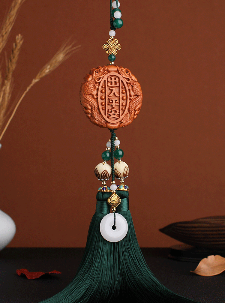 New Peach Wood Carving Car Interior Pendant Safe Trip Car Accessories Car Decoration Crafts Rearview Mirror Tassel Car Pendant