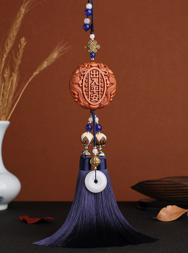 New Peach Wood Carving Car Interior Pendant Safe Trip Car Accessories Car Decoration Crafts Rearview Mirror Tassel Car Pendant