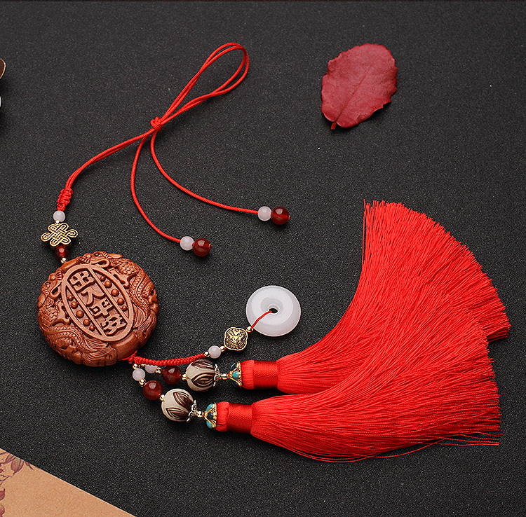 New Peach Wood Carving Car Interior Pendant Safe Trip Car Accessories Car Decoration Crafts Rearview Mirror Tassel Car Pendant