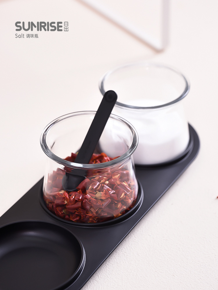 Glass Seasoning Bottle Seasoning Jar Salt Shaker Set with Tray Cruet Set with Spoon Sealed Moisture-Proof Condiment Dispenser