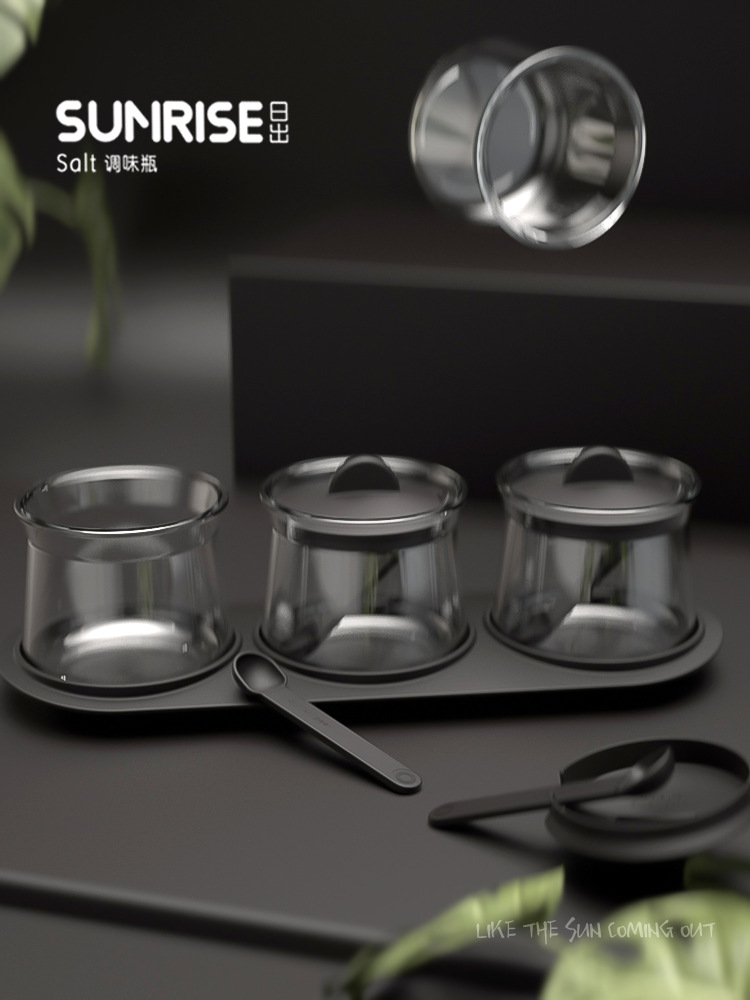 Glass Seasoning Bottle Seasoning Jar Salt Shaker Set with Tray Cruet Set with Spoon Sealed Moisture-Proof Condiment Dispenser