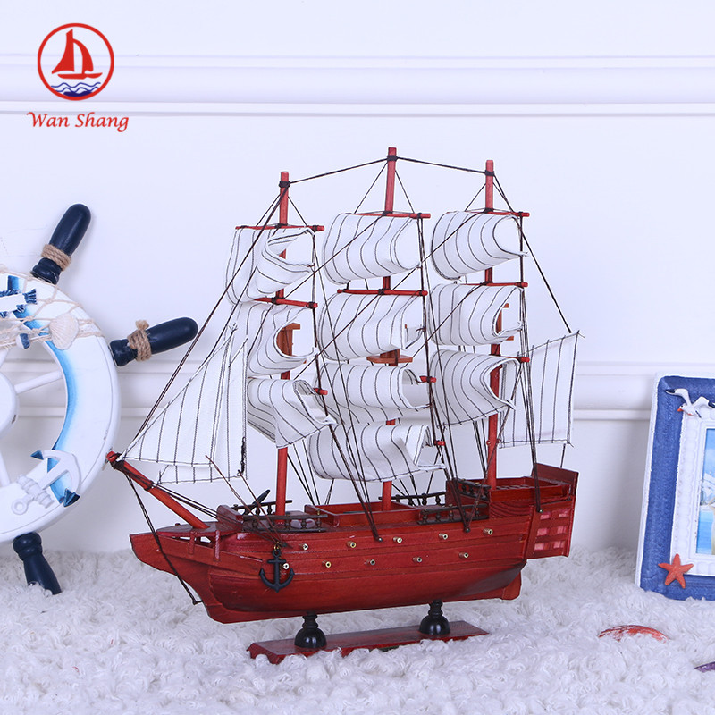 Crafts Decoration European and American Painted Solid Wood Boat Desk Ornaments 33cm Handmade Boat Small Simulation Boutique Boat Model