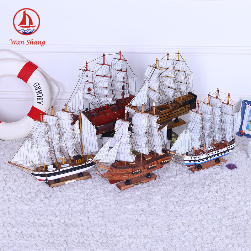 Crafts Decoration European and American Painted Solid Wood Boat Desk Ornaments 33cm Handmade Boat Small Simulation Boutique Boat Model
