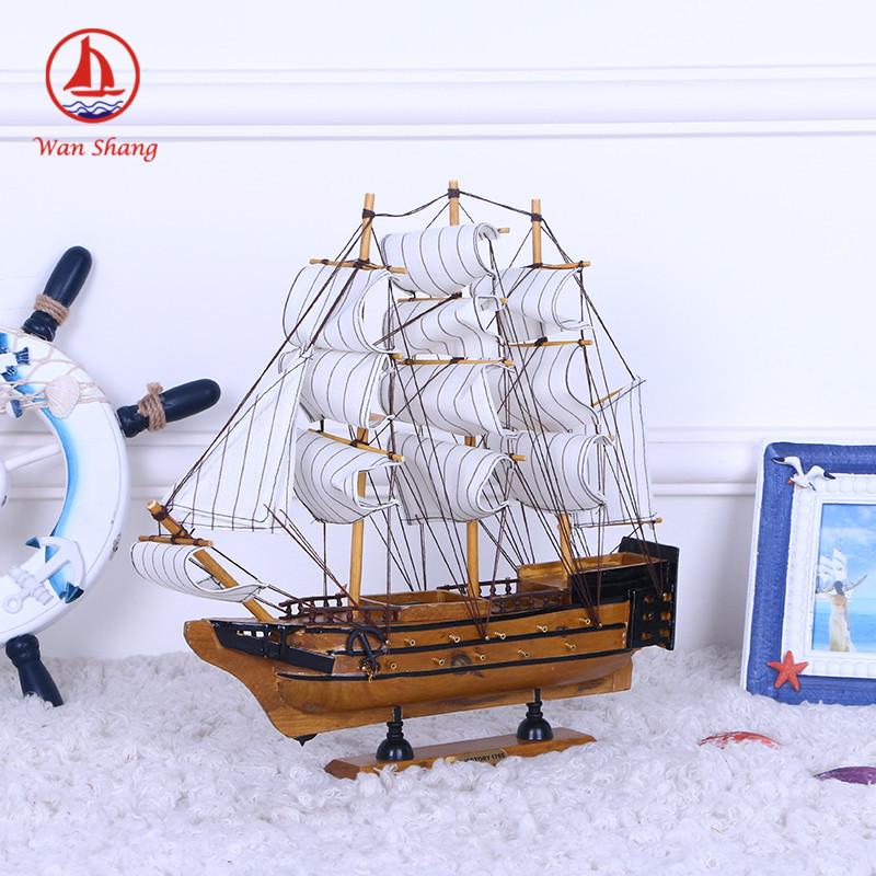Crafts Decoration European and American Painted Solid Wood Boat Desk Ornaments 33cm Handmade Boat Small Simulation Boutique Boat Model