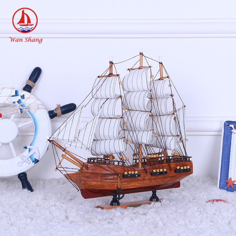 Crafts Decoration European and American Painted Solid Wood Boat Desk Ornaments 33cm Handmade Boat Small Simulation Boutique Boat Model