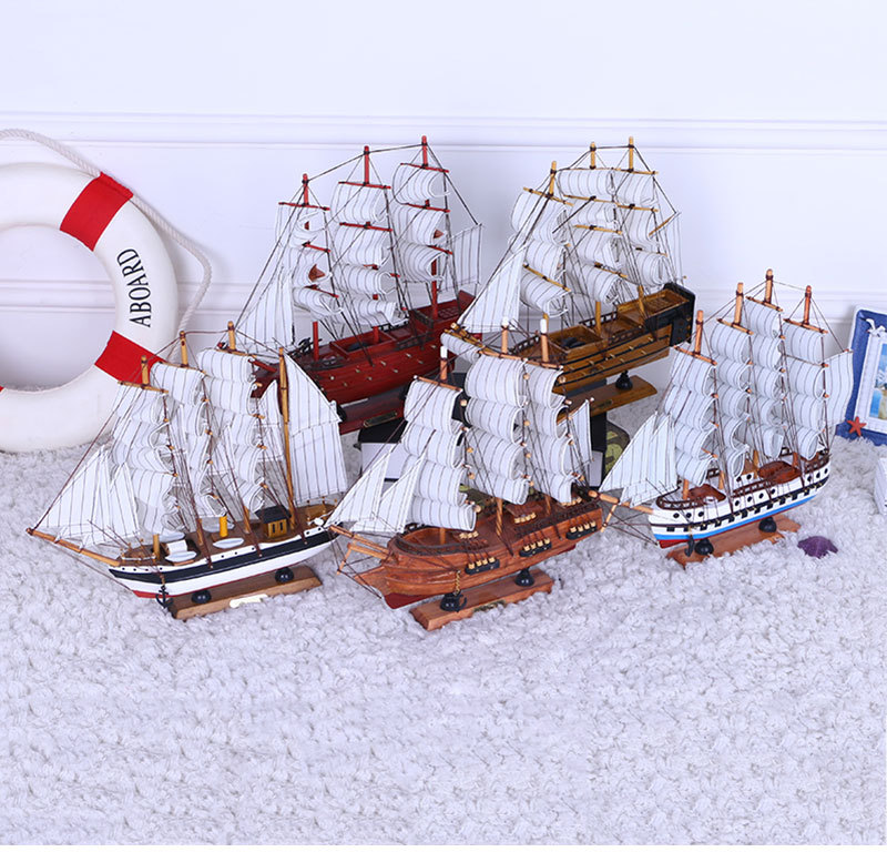 Crafts Decoration European and American Painted Solid Wood Boat Desk Ornaments 33cm Handmade Boat Small Simulation Boutique Boat Model