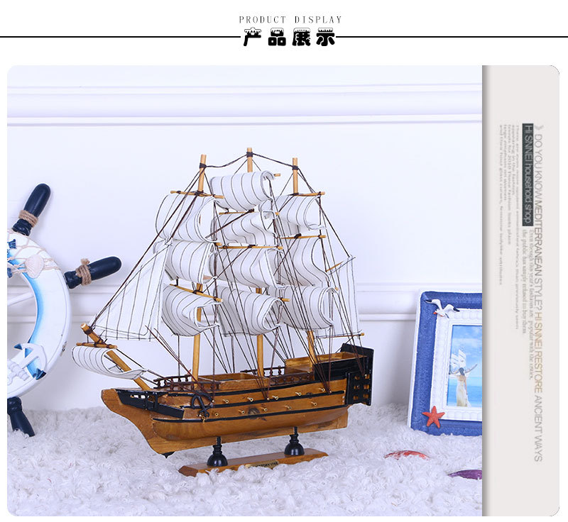 Crafts Decoration European and American Painted Solid Wood Boat Desk Ornaments 33cm Handmade Boat Small Simulation Boutique Boat Model