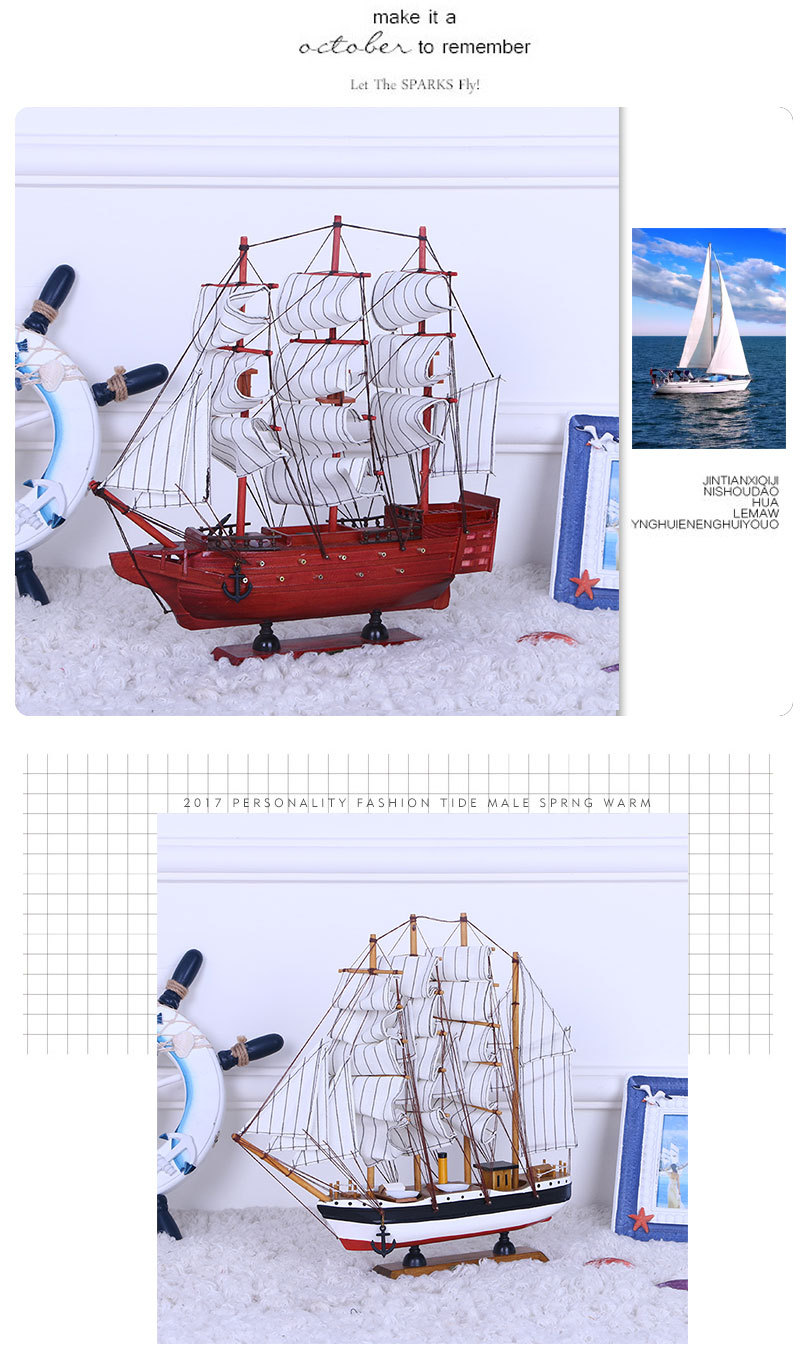 Crafts Decoration European and American Painted Solid Wood Boat Desk Ornaments 33cm Handmade Boat Small Simulation Boutique Boat Model