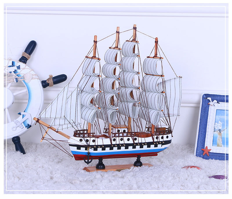 Crafts Decoration European and American Painted Solid Wood Boat Desk Ornaments 33cm Handmade Boat Small Simulation Boutique Boat Model