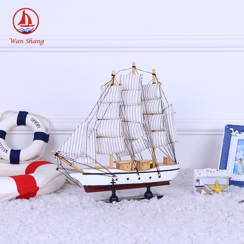 Fresh Painted Solid Wood Boat Desk Ornaments 33cm Handmade Boat Small Simulation Boat Model Crafts Decoration