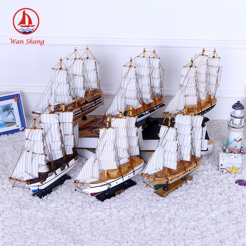 Fresh Painted Solid Wood Boat Desk Ornaments 33cm Handmade Boat Small Simulation Boat Model Crafts Decoration