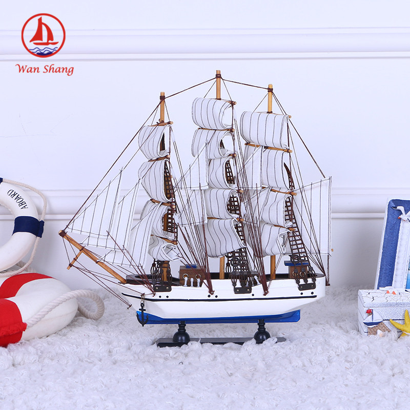 Fresh Painted Solid Wood Boat Desk Ornaments 33cm Handmade Boat Small Simulation Boat Model Crafts Decoration