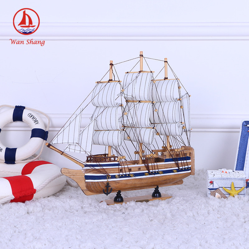 Fresh Painted Solid Wood Boat Desk Ornaments 33cm Handmade Boat Small Simulation Boat Model Crafts Decoration
