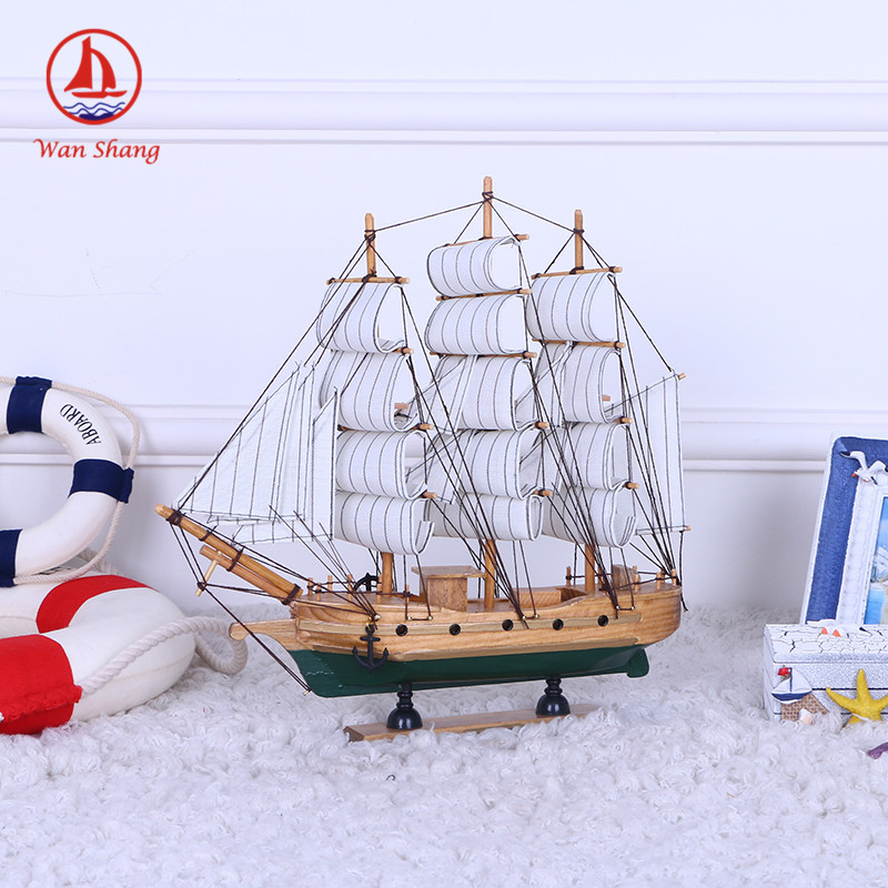 Fresh Painted Solid Wood Boat Desk Ornaments 33cm Handmade Boat Small Simulation Boat Model Crafts Decoration