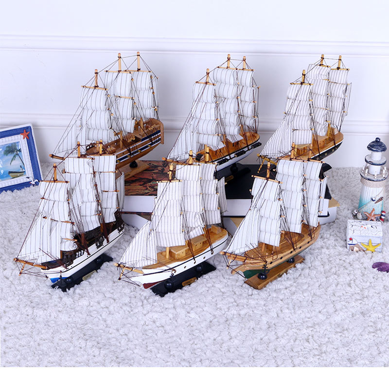 Fresh Painted Solid Wood Boat Desk Ornaments 33cm Handmade Boat Small Simulation Boat Model Crafts Decoration