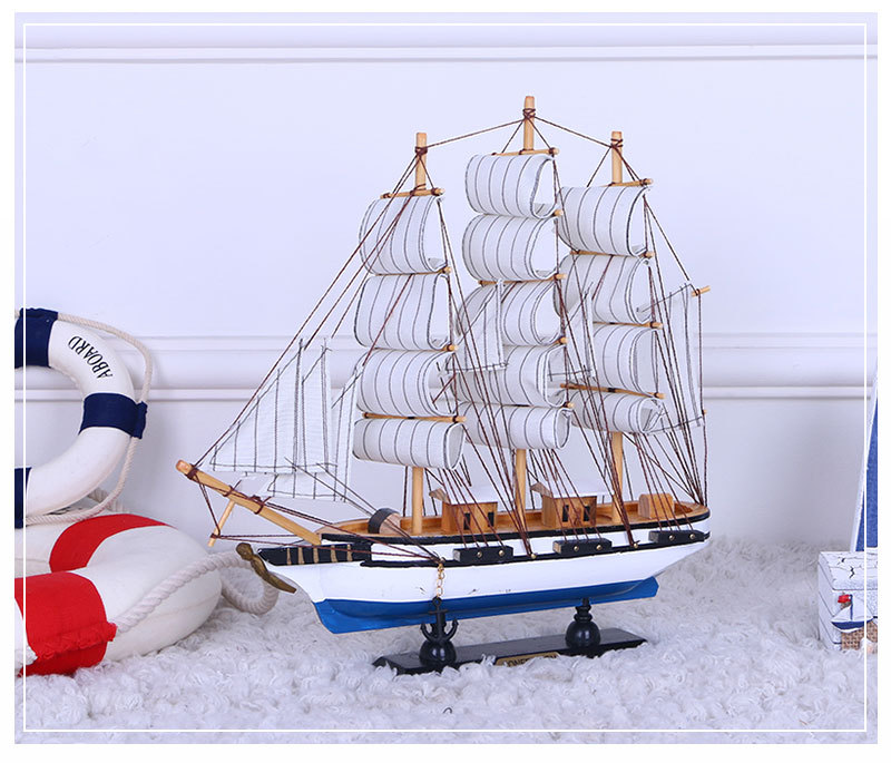 Fresh Painted Solid Wood Boat Desk Ornaments 33cm Handmade Boat Small Simulation Boat Model Crafts Decoration