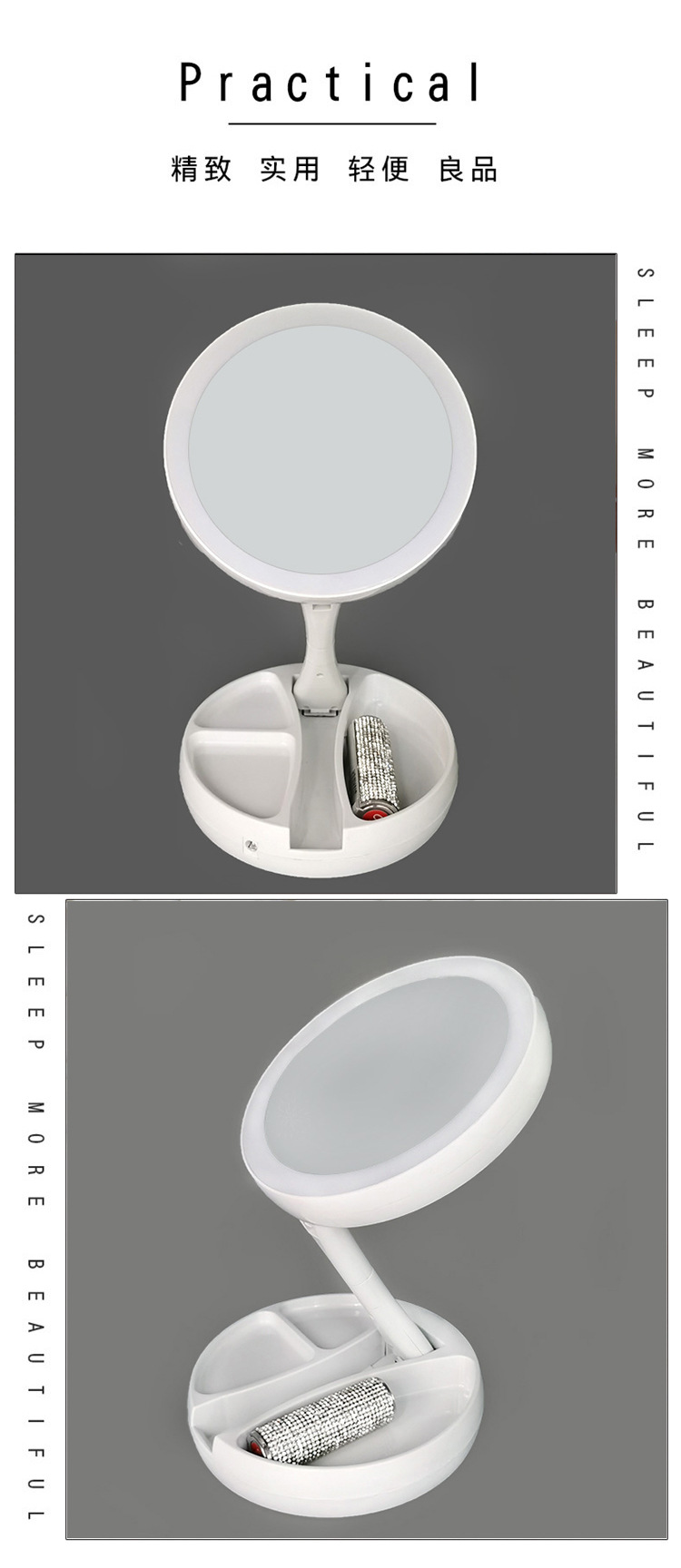 Cross-Border Makeup Mirror Desktop LED Light Dressing Mirror Fill Light Desktop Folding Portable Cosmetic Mirror Makeup Mirror with Light