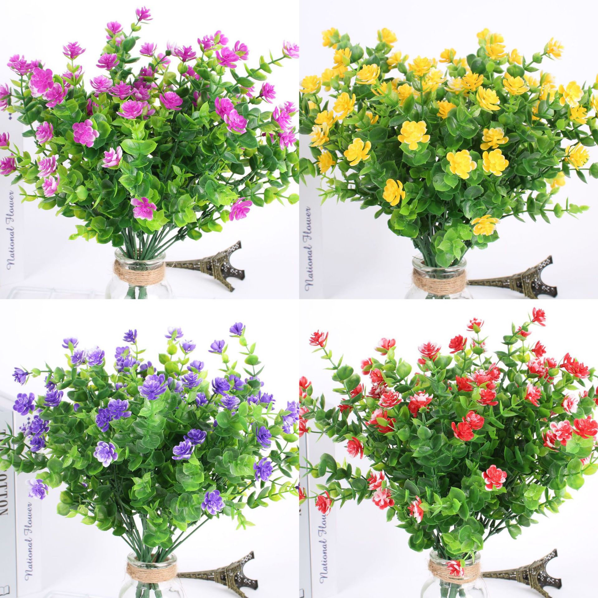 Cross-Border Hot Selling Artificial Flower Artificial Flower Plastic Dried Flower Eucalyptus Rose Chloroplastida Pot 7 Fork 35