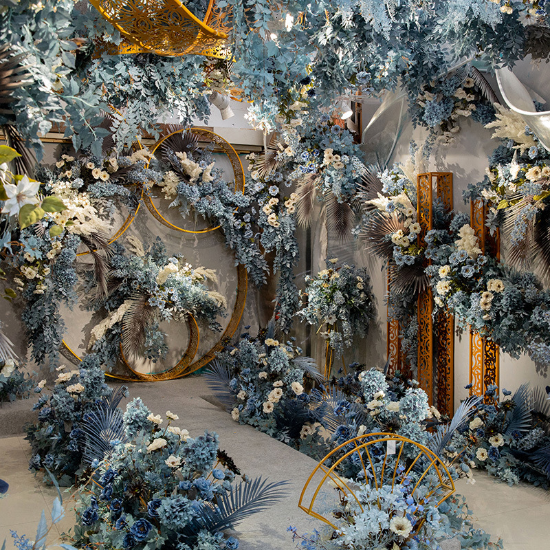 Fantasy Blue Color Wedding Simulation Flower Scene Lobby Soft Decoration Ceiling Arch Fake Flower Wedding Flower Wholesale