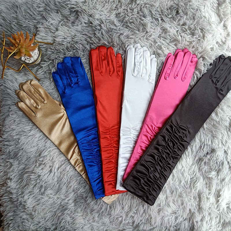 Factory Direct Sales Five-Finger Satin Pleated Satin Gloves Wedding Etiquette Stage Gloves for Performance Sun Protection Gloves