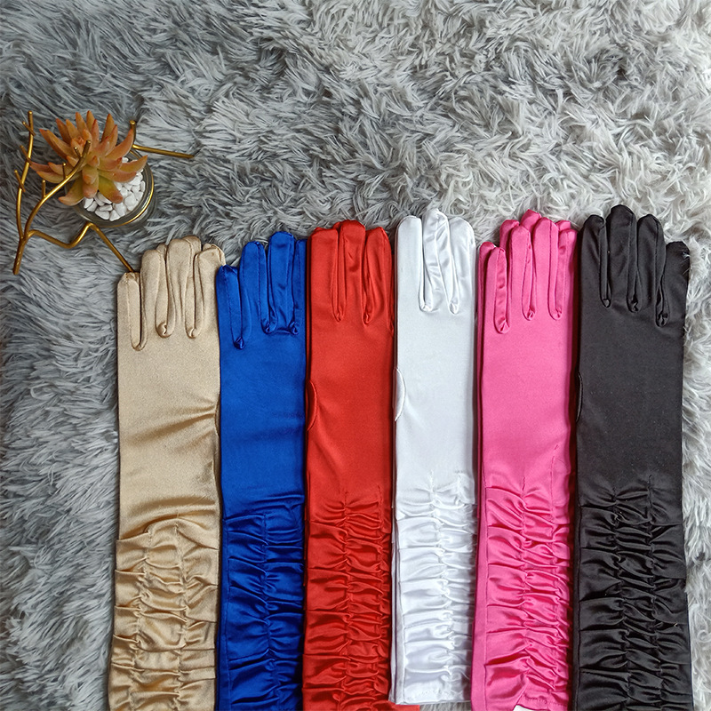 Factory Direct Sales Five-Finger Satin Pleated Satin Gloves Wedding Etiquette Stage Gloves for Performance Sun Protection Gloves