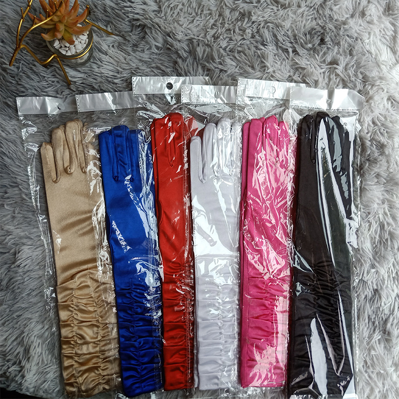 Factory Direct Sales Five-Finger Satin Pleated Satin Gloves Wedding Etiquette Stage Gloves for Performance Sun Protection Gloves