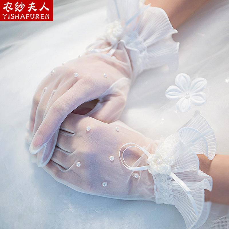 Bride Wedding Dress White Long Type Gloves Korean Style Elegant Lace Satin Short Red Hook Finger Wedding Accessories