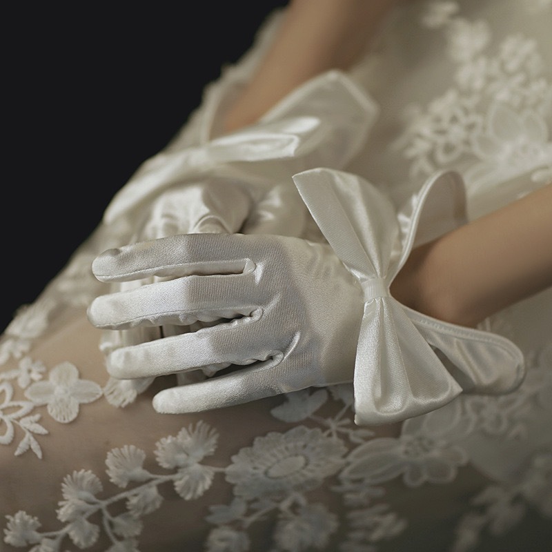 Bridal Wedding Dress White Gloves Satin Bow Gloves Thin Retro Korean Dress Gloves Accessories Bridal Wedding Dress White Gloves Satin Bow Gloves Thin Retro Korean Dress Gloves Accessories