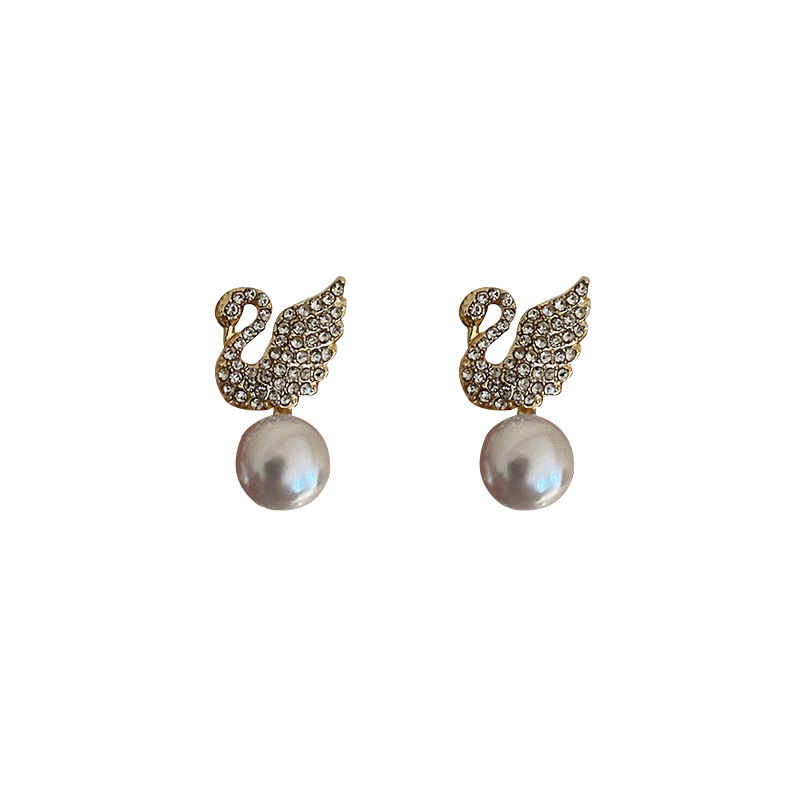 925 Silver Needle Pearl Micro-Inlaid Swan Earrings Korean Dongdaemun Small Online Influencer Earrings Simple Ins Fashion Earrings